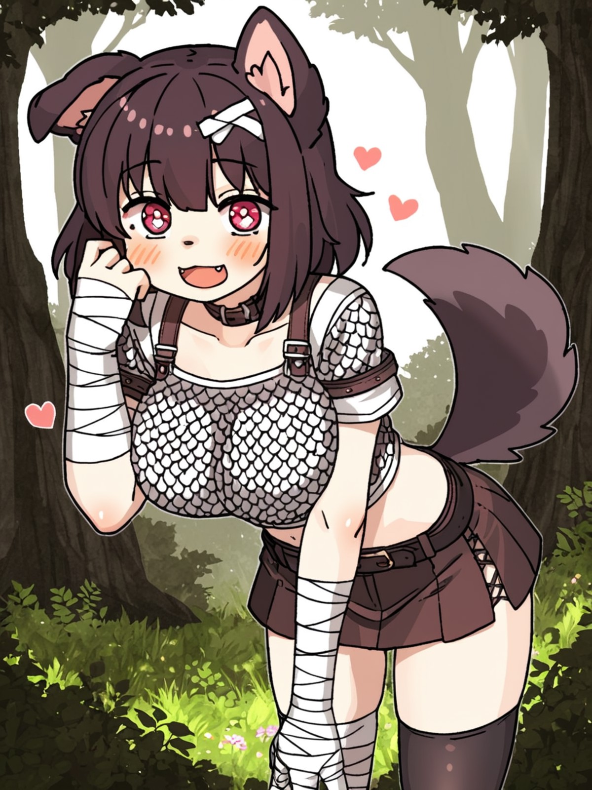 1girl in forest, (art by amonitto), solo, thighhighs, chainmail, (dog girl:1.5), heart-shaped_pupils, pastel, (forest:1.5)...